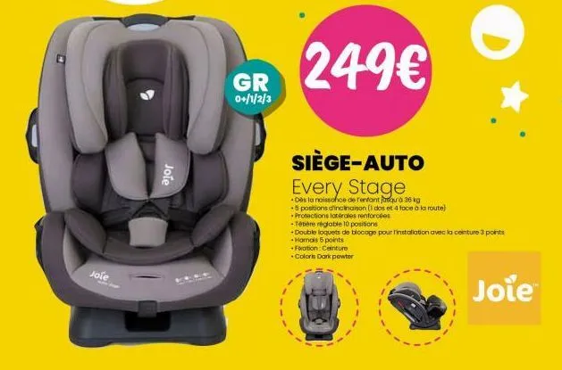 jole  jote  gr 0+/1/2/3  249€  siège-auto every stage  - dès la naissance de rentant jusqu'à 36 kg  .5 positions d'inclinaison (1 dos et 4 face à la route)  protections latérales renforcées  -tétière 