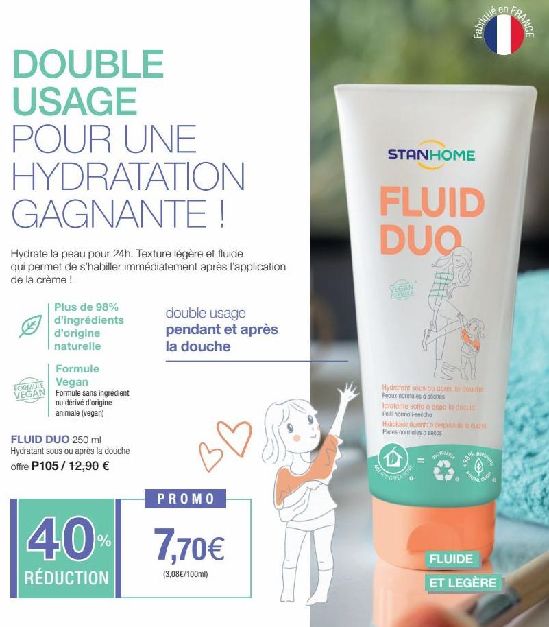 DOUBLE USAGE POUR UNE  HYDRATATION GAGNANTE !  Hydrate la peau pour 24h. Texture légère et fluide qui permet de s'habiller immédiatement après l'application de la crème !  Plus de 98%  d'ingrédients  