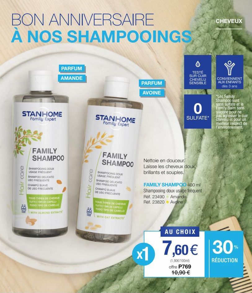 BON ANNIVERSAIRE A NOS SHAMPOOINGS  STANHOME Family Expert  Hair care  T  PARFUM  AMANDE  FAMILY SHAMPOO  SHAMPOOING DOUX USAGE FRÉQUENT SHAMPOO DELICATO  USO FREQUENTE CHAMPÚ SUAVE  DE USO FRECUENTE 