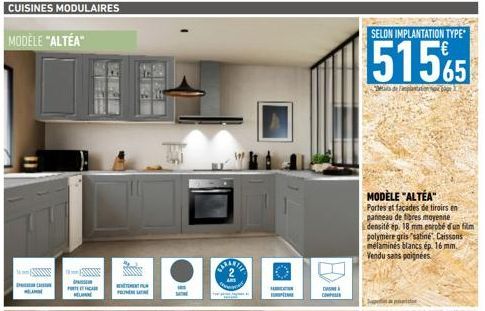 CUISINES MODULAIRES  MODÈLE "ALTEA"  PORTA  RETMENL  PR  157  RIBE  ~2  DAS  SELON IMPLANTATION TYPE  51565  MODÈLE "ALTEA"  Partes et façades de tiroirs en panneau de fibres moyenne densité ép. 18 mm