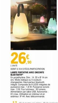 26%  ,90  L'UNITÉ  DONT 0,10 € D'ÉCO-PARTICIPATION  LAMPE PORTATIVE AVEC ENCEINTE BLUETOOTH  