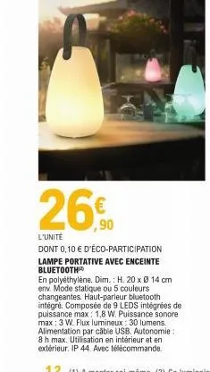 26%  ,90  l'unité  dont 0,10 € d'éco-participation  lampe portative avec enceinte bluetooth  