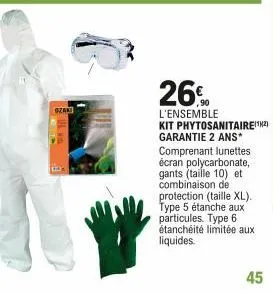 szaki  26%  l'ensemble kit phytosanitaire(¹2) garantie 2 ans* comprenant lunettes écran polycarbonate, gants (taille 10) et combinaison de protection (taille xl). type 5 étanche aux particules. type 6