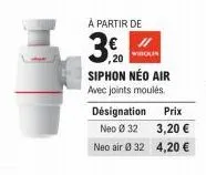 à partir de  whoun  20  siphon néo air avec joints moulés.  désignation  neo ø 32  neo air 032  prix  3,20 €  4,20 € 