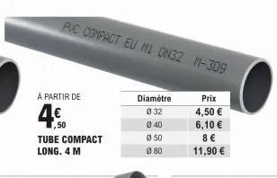 a partir de  ,50 tube compact long. 4 m  puc compact eu mi dn32 m-309  diamètre 0 32  040 ø 50  080  prix  4,50 €  6,10 € 8 € 11,90 € 