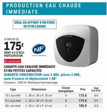 IDÉAL EN APPOINT D'UN ÉVIER OU D'UN LAVABO  PRODUCTION EAU CHAUDE IMMÉDIATE  À PARTIR DE  175€  DONT 6 € D'ÉCO-PARTICIPATION  NF  ARISTON  CHAUFFE-EAU CHALEUR IMMÉDIATE ET/OU PETITES CAPACITÉS  Type  