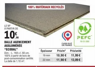 le m'  à partir de  10%  100% matériaux recyclés  épaisseur prix/m²  19 mm  10,90 €  22 mm  11,90 €  fabrique en france  pefc  10-31-360  prix/unité  11,99 €  13,09 € 