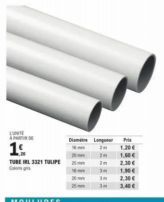 l'unité  à partir de  1%  ,20 tube irl 3321 tulipe coloris gris.  diamètre longueur  16 mm  2m  20 mm  25 mm  16 mm  20 mm  25 mm  2m  2m  3m  3m  3m  2,30 €  1,90 €  prix  1,20 €  1,60 €  2,30 €  3,4