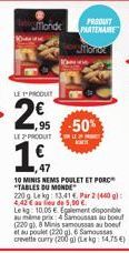 LE PRODUIT  2€  Monde  LE PRODUIT  1.6  47  1,95 -50%  PRODUT PARTENAIRE  Mont  10 MINIS NEMS POULET ET PORC "TABLES DU MONDE  220g Lekg: 13,41 € Par 2 (440) 4,42€ au feu de 5,00€.  Le kg: 10.05 € Ega