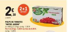 250  L'UNITE  2+1  OFFERT  PULPE DE TOMATES "NOTRE JARDIN  3 x 400 g (1,2 kg) Le kg 1,92 € Par 3 (3,6 kg):4,60 € au lieu de 6,90 € Lekg: 1.28€  Jandin 