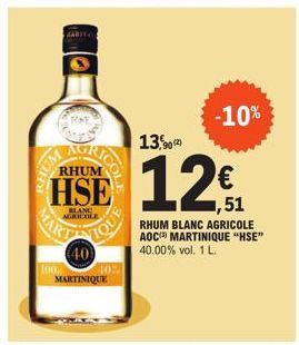 WOH  HABITOL  RHUM  HSE  RICOL  BLANC AGRICOLE  MARY  IQUE  40  MARTINIQUE  13,90 (²)  -10%  1,51  RHUM BLANC AGRICOLE AOC MARTINIQUE "HSE"  40.00% vol. 1 L. 