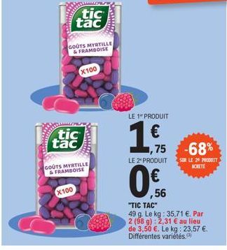 Hom  tic tac  tic tac  GOUTS MYRTILLE & FRAMBOISE  X100  GOUTS MYRTILLE &FRAMBOISE  X100  Oecumen  Pro  LE 1 PRODUIT  1€  LE 2 PRODUIT SUR LE 20 PRODUIT ACHETE  ,75 -68%  0.56  ,56  "TIC TAC"  49 g. L