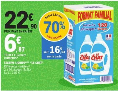 22€ ⁹0 70%  PRIX PAYÉ EN CAISSE  avec la Carte  ,87  TICKET E.Leclerc COMPRIS  LESSIVE LIQUIDEM "LE CHAT"  Différentes variétés  2 x 60 lavages (2x3L) Le L: 3,82 €.  soit 16%  sur la carte  FORMAT FAM