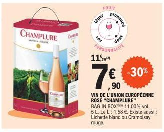 CHAMPLURE  CURR  léger  sec  FRUIT  prononce  xnop  PERSONNALITE 112  7 €  ,90  -30%  VIN DE L'UNION EUROPÉENNE ROSE "CHAMPLURE"  BAG IN BOX  11.00% vol. 5 L. Le L: 1,58 €. Existe aussi : Lichette bla