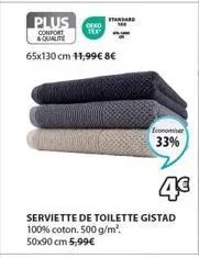 plus  confort &qualite  65x130 cm 11,99€ 8€  ofeo  tex  standard  4€  serviette de toilette gistad 100% coton. 500 g/m². 50x90 cm 5,99€  econom  33% 
