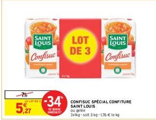 SAINT LOUIS  Confisuc  LE LOT DE S  5,27  -34  DE REMISE IMMEDIATE  LOT  DE 3  CONFISUC SPÉCIAL CONFITURE SAINT LOUIS ou gelée  3xkg-soit 3 kg-1,76 € le kg  SAINT LOUIS  Confisuc 