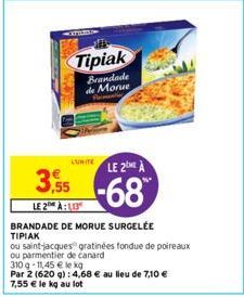 Tipiak  Brandade de Morue  LUMITELE 2ME À  3,55-68  LE 2 À: 1,13  BRANDADE DE MORUE SURGELÉE TIPIAK  ou saint-jacques gratinées fondue de poireaux ou parmentier de canard  310 q-11,45 € le kg  Par 2 (