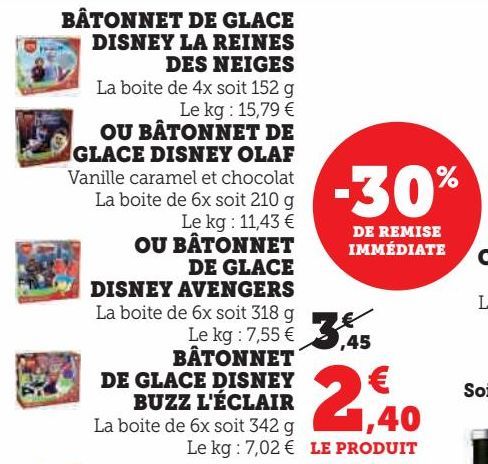 Bâtonnet de glace Disney La Reines des Neiges, ou bâtonnet de glace Disney Olaf, ou bâtonnet de glace Disney Avengers, ou bâtonnet de glace Disney Buzz l'Éclair