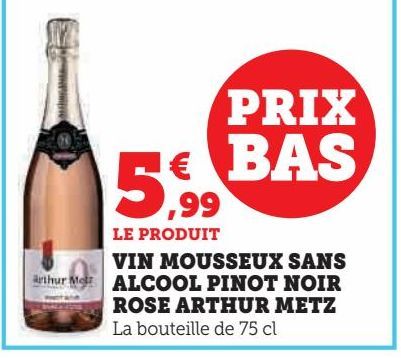 Vin mousseux sans alcool Pinot Noir rosé Arthur Metz