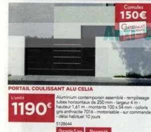 1190€  portail coulissant alu celia  l'unité  5128644  garantie sare nouveauté  aluminium contemporain assemblé-remplissage tubes horizontaux de 250 mm-largeur 4 m hauteur 1,61 m-montants 100 x 54 mm-