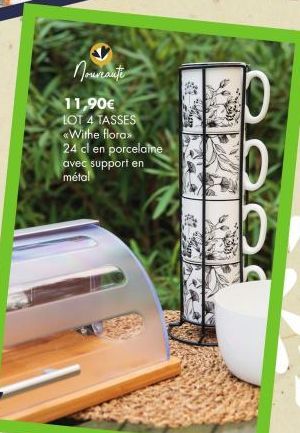 Приглите  11,90€ LOT 4 TASSES «Withe floras 24 cl en porcelaine  avec support en métal  I  6023  00 