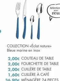 (191  collection «éclat nature>> bleue marine en inox  2,00€ couteau de table 2,00€ fourchette de table 2,00€ cuillère de table 1,60€ cuillère à café  36,90€ ménagère 24 pieces 