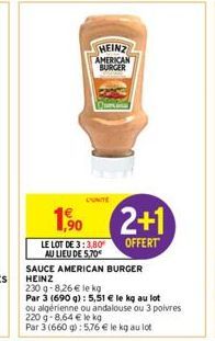 HEINZ AMERICAN BURGER  CUNITE  1,90  LE LOT DE 3:3,80 AU LIEU DE 5,70€  SAUCE AMERICAN BURGER HEINZ  2+1  OFFERT  230g-8,26 € le kg  Par 3 (690 g): 5,51 € le kg au lot ou algérienne ou andalouse ou 3 