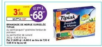 lunite le 2 a  3,55-68  le 2 à:1,13  brandade de morue surgelée tipiak  ou saint-jacques gratinées fondue de poireaux  ou parmentier de canard  310 q-11,45 € le kg  par 2 (620 g): 4,68 € au lieu de 7,