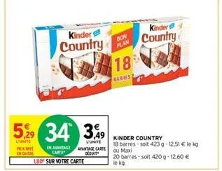 529 34 349  l'unite  kinder  country  prix payl enchisse  en avantage carte  180 sur votre carte  avantage carte déduit  18  sariesl  bon plan  18 barres-soit 423 g -12,51 € le kg ou maxi  20 barres-s