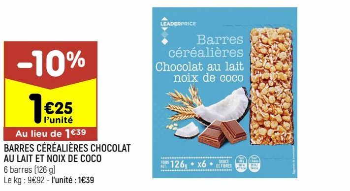 BARRES CÉRÉALIÈRES CHOCOLAT AU LAIT ET NOIX DE COCO