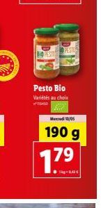 BIO PESTO  Pesto Bio Variétés au choix W740  TO PESTO  Mercredi 10/05  190 g  17⁹  kg-842€ 