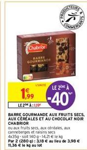 Chabrior  BARRE GOURMANDE  L'UNITE  k  COMME  LE 2 A  -40%  1,99  LE 2 À:119  BARRE GOURMANDE AUX FRUITS SECS, AUX CEREALES ET AU CHOCOLAT NOIR CHABRIOR  ou aux fruits secs, aux céréales, aux canneber