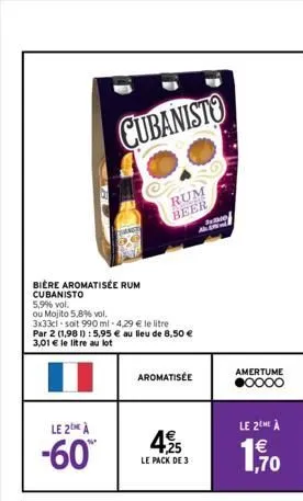 bière aromatisée rum cubanisto  5,9% vol.  ou mojito 5,8% vol.  cubanisto  le 2 à  -60  3x33cl soit 990 ml-4,29 € le litre par 2 (1,981): 5,95 € au lieu de 8,50 € 3,01 € le litre au lot  aromatisée  r