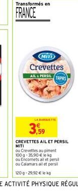 Transformés en  FRANCE  MITT  Crevettes AIL & PERSIL TAPAS  3,59  LA BARQUETTE 