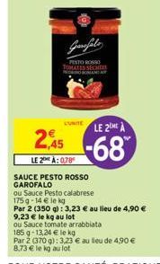 Garofalo  PESTO ROSSO TOMATES SECHES  BOMANDAT  CUNITE LE 2 A 2,45  -68  LE 2 À: 0,78  SAUCE PESTO ROSSO GAROFALO  ou Sauce Pesto calabrese 175g-14 € le kg 