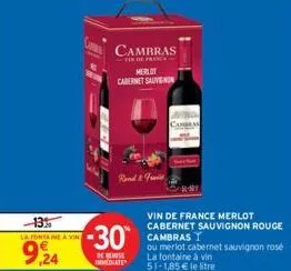 -13%  la fontaine à vin  9,24  cambras  pranca  merlot  cabernet sauvignon  -30⁰  de remise immediate  & fruit  cambran  vin de france merlot cabernet sauvignon rouge cambras  ou merlot cabernet sauvi