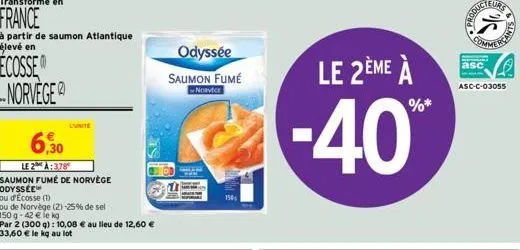 transformé en  france  à partir de saumon atlantique élevé en  ecosse norvege  6,30  le 2:378 saumon fumé de norvège odyssée  ou d'ecosse (1)  ou de norvège (2) -25% de sel 150 g-42 € le kg  par 2 (30