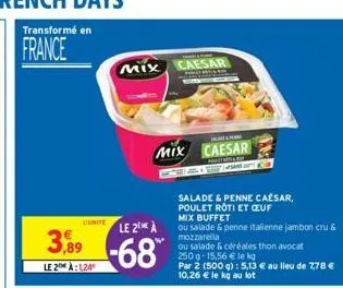 le 2 à  3,89-68  le 2 à:124  uunite  mix caesar  mix caesar  salade & penne caesar, poulet roti et ceuf  mix buffet  ou salade & penne italienne jambon cru & mozzarella  ou salade & céréales thon avoc