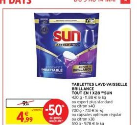 -9%  4,99  sun  EFFICACITE IMBATTABLE  -50  DE REMISE IMMEDIATE  ANCE  TABLETTES LAVE-VAISSELLE  BRILLANCE  TOUT EN 1X28 SUN  420 g- 11,88 € le kg  ou expert plus standard ou citron x40  700 g -7,13 €