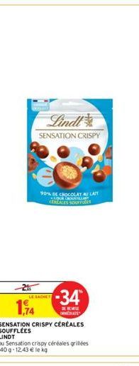 2%  1,74  Lindl  SENSATION CRISPY  LE SACHET  90% DE CHOCOLAT AU LAIT ROVER CEZALES SOUFFLE  -34*  DE REMISE MMESLATES  SENSATION CRISPY CÉRÉALES SOUFFLÉES LINDT  ou Sensation crispy céréales grillées