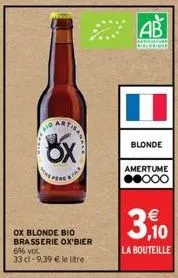 ox blonde bio brasserie ox'bier 6% vol. 33 cl 9,39 € le litre  artisan  8x  tafor  ab  aulur  le  blonde  amertume ●●000  3.10  la bouteille 