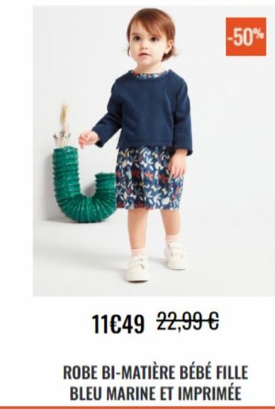 -50%  11€49 22,99 €  ROBE BI-MATIÈRE BÉBÉ FILLE BLEU MARINE ET IMPRIMÉE 