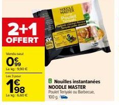 2+1  OFFERT  Vendu seul  099  Le kg: 9.90 €  Les 3 pour  198  Le kg: 6.60 €  NODOLE MASTER Poulet Teriyak Ter chicken & y polo c  Nouilles instantanées NOODLE MASTER Poulet Teriyaki ou Barbecue, 100 g