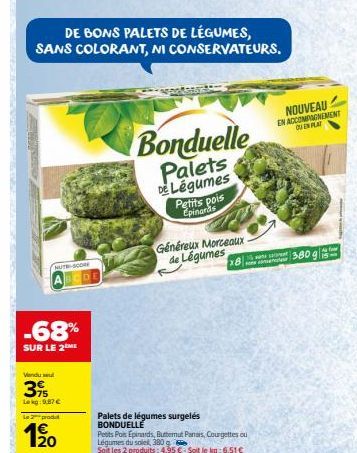 DE BONS PALETS DE LÉGUMES, SANS COLORANT, NI CONSERVATEURS.  NUT-SCORE  ABCDE  -68%  SUR LE 2 ME  Vendu se  375  Lekg: 9,87 €  Le 2 produt  1⁹0  Bonduelle  Palets De Légumes Petits pois Epinards  Géné