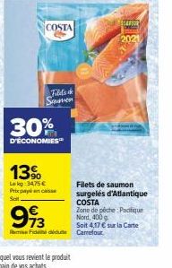 COSTA  Fild's de Saumon  30%  D'ÉCONOMIES  13%  Lekg:34,75 € Prix payé encaisse Sait  993  Remse Fidididule  SEUR  2021  Filets de saumon surgelés d'Atlantique COSTA Zone de pêche: Pacifique Nord, 400