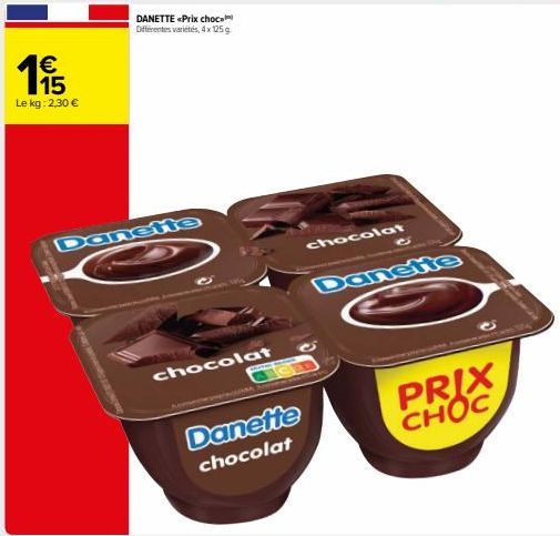 1€  1955  Le kg: 2,30 €  Danette  MARK  chocolat  Danette chocolat  chocolat  Danette  PRIX CHOC 