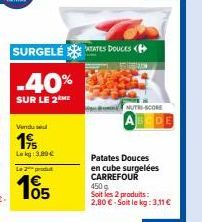 -40%  SUR LE 2 ME  Venduse  19/  Lokg: 3,89€  2 produt  05  SURGELETTES DOUCES <  AN  NUTES-SCORE  Patates Douces en cube surgelées CARREFOUR  4509  Soit les 2 produits: 2,80€-Soit le kg: 3,11 € 