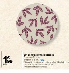 €  le lot  &7127  lot de 10 assiettes décorées en carton 23 cm.  existe en 18 cm.*  disponibles en décors assortis: le lot de 10 gobelets en carton et les 20 serviettes en papier. *prix différents sel
