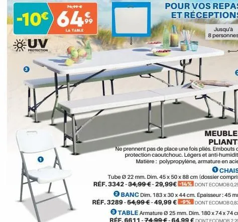 74,99 €  -10€ 64%  la table  uv  protection  jusqu'à 8 personnes  meubles pliants  ne prennent pas de place une fois pliés. embouts de protection caoutchouc. légers et anti-humidité. matière: polyprop