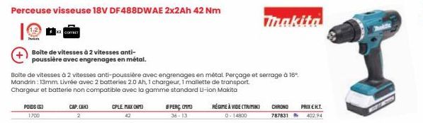 Boite de vitesses à 2 vitesses anti- poussière avec engrenages en métal.  Boite de vitesses à 2 vitesses anti-poussière avec engrenages en métal. Perçage et serrage à 16° Mandrin: 13mm. Livrée avec 2 